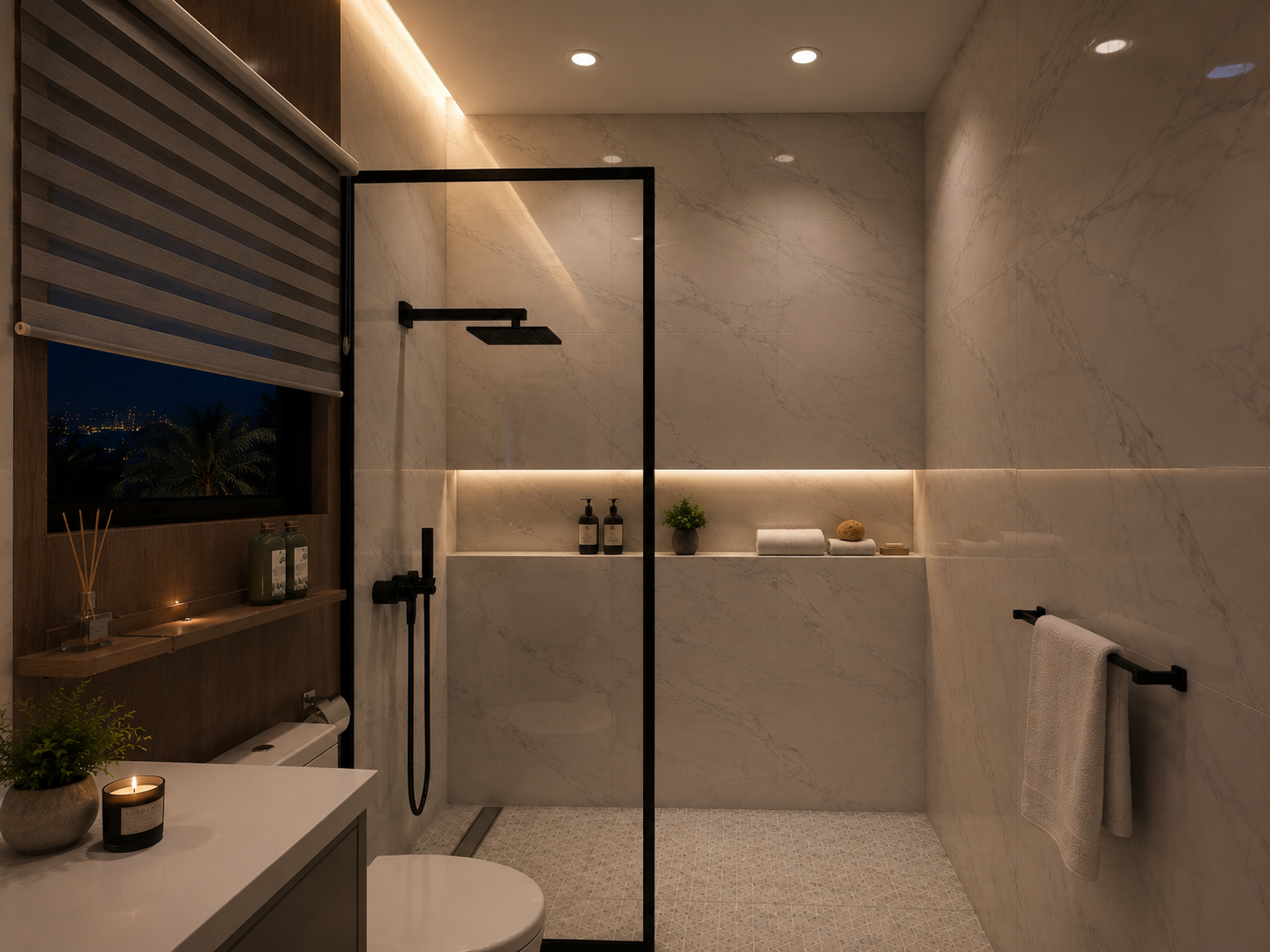 The Summit penthouse bathroom and shower, night